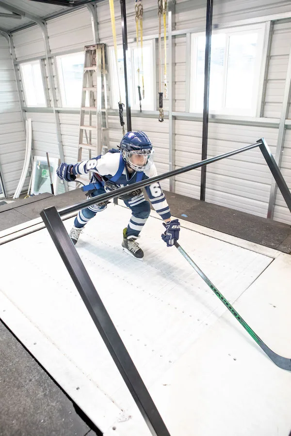Power Stride hockey player training on the skating treadmill